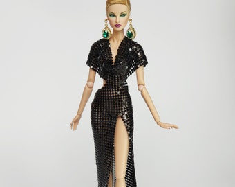 Black Metal Mesh Halter Gala Dress Gown Outfit for Fashion Royalty Doll, FR2, Barbie, Silkstone, Nuface, Poppy Parker, 12 inch, D002B