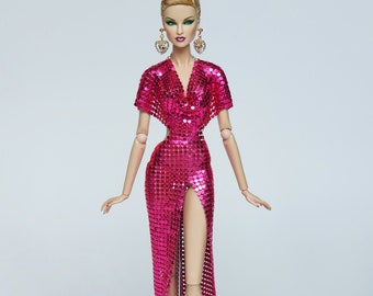 Gown Outfit Pink Metal Mesh Halter Gala Dress for Fashion Royalty Doll, FR2, Barbie, Silkstone, Nuface,  Poppy Parker, D002P