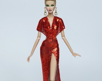 Red Metal Mesh Halter Gala Dress Gown Outfit for Fashion Royalty Doll, FR2, Barbie, Silkstone, Poppy Parker, Nuface, 12 inch, D002R