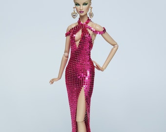 Pink Metal Mesh Neckholder Meerjungfrau Kleid Kleid Outfit für Fashion Royalty Puppe, FR2, Barbie, Silkstone, Nu Face, Poppy Parker, D020P