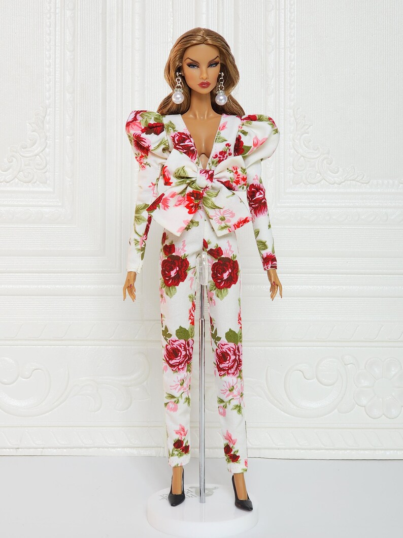 Flower Bow Jumpsuit Puff Sleeve Gown Outfit Fit for Fashion Royalty Doll, FR2, Nuface, 12 inch, D055F image 4