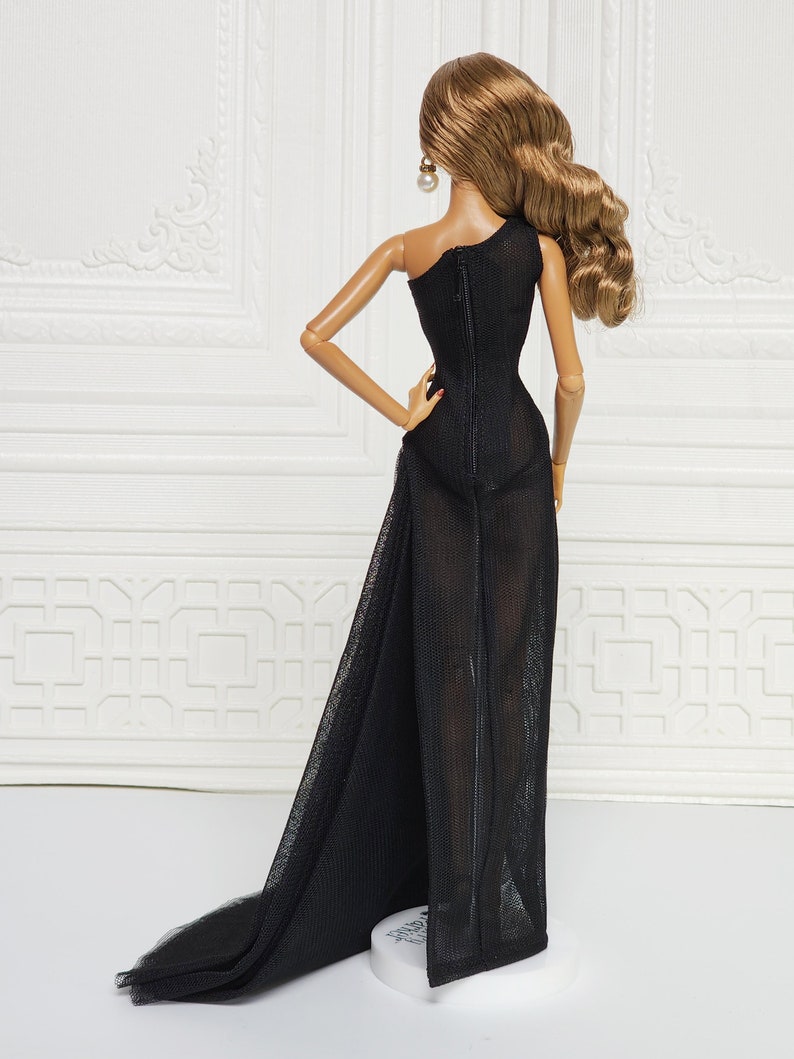Black One-shoulder Sheath Dress Gown Outfit for Fashion Royalty Doll, FR2, Barbie, Silkstone, Nuface, Poppy Parker, 12 inch, D086B image 8