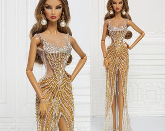 Vestido de noche con cuentas doradas y plateadas para muñeca Fashion Royalty, FR2, Nuface, Silkstone, Barbie, Poppy Parker D085