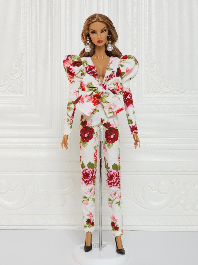 Flower Bow Jumpsuit Puff Sleeve Gown Outfit Fit for Fashion Royalty Doll, FR2, Nuface, 12 inch, D055F image 9