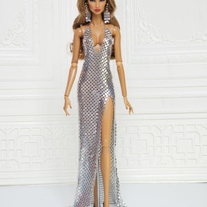 Silver Metal Mesh Halter Neck Mermaid Dress Gown for Fashion Royalty Doll, FR2, Barbie, Silkstone, Nuface, Poppy Parker, 12 Inch D077S image 2