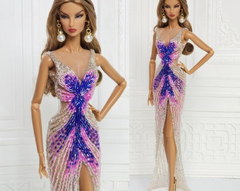 Blue Pink Silver Bead Evening Gown Dress for Fashion Royalty Doll, FR2, Nuface, Silkstone, Barbie,  Poppy Parker D087