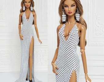 White Metal Mesh Halter Neck Mermaid Dress Gown for Fashion Royalty Doll, FR2, Barbie, Silkstone, Nuface, Poppy Parker, 12 Inch D077W