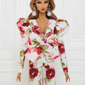 Flower Bow Jumpsuit Puff Sleeve Gown Outfit Fit for Fashion Royalty Doll, FR2, Nuface, 12 inch, D055F image 5