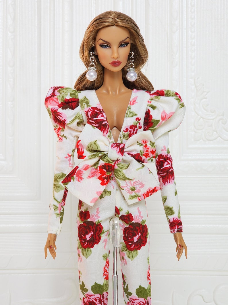 Flower Bow Jumpsuit Puff Sleeve Gown Outfit Fit for Fashion Royalty Doll, FR2, Nuface, 12 inch, D055F image 5