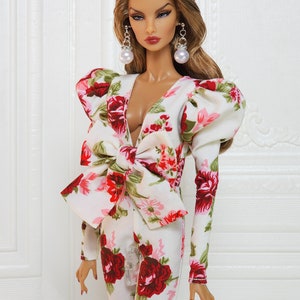 Flower Bow Jumpsuit Puff Sleeve Gown Outfit Fit for Fashion Royalty Doll, FR2, Nuface, 12 inch, D055F image 7