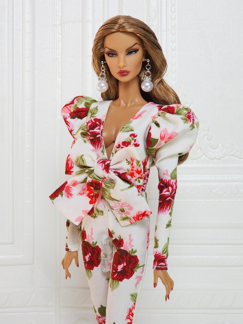 Flower Bow Jumpsuit Puff Sleeve Gown Outfit Fit for Fashion Royalty Doll, FR2, Nuface, 12 inch, D055F image 7