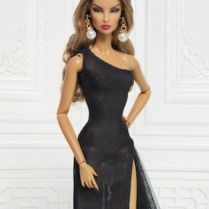 Black One-shoulder Sheath Dress Gown Outfit for Fashion Royalty Doll, FR2, Barbie, Silkstone, Nuface, Poppy Parker, 12 inch, D086B image 5