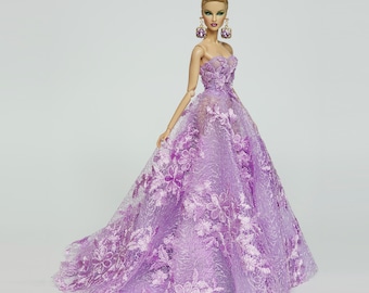 Purple Lace Flower Bouffant Dress Gown Outfit for Fashion Royalty Doll, FR2, Barbie, Silkstone, Nuface, Poppy Parker, 12 inch, D011V