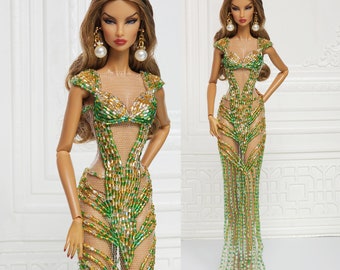 Green Gold Bead Evening Gown Dress for Fashion Royalty Doll, FR2, Nuface, Silkstone, Barbie,  Poppy Parker D084