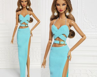 Sky Blue Camisole Drees Pencil Skirt Gown Fit for Fashion Royalty Doll, FR2, Nuface, 12 inch, D047D