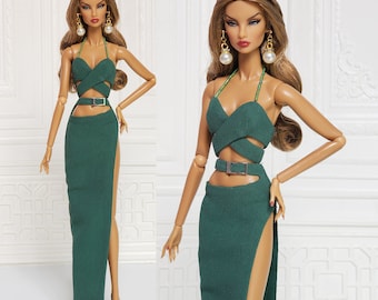 Green Camisole Drees Pencil Skirt Gown Fit for Fashion Royalty Doll, FR2, Nuface, 12 inch, D047C