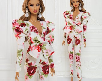 Flower Bow Jumpsuit Puff Sleeve Gown Outfit Fit for Fashion Royalty Doll, FR2, Nuface, 12 inch, D055F