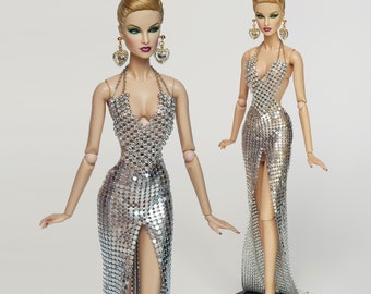 Silver Crystal Metal Mesh Halter Neck Mermaid Dress for Fashion Royalty Doll, FR2, Barbie, Silkstone, Nuface, Poppy Parker, 12 Inch D009S