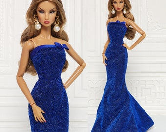 Blue Strapless Mermaid Dress Gown Fit for Fashion Royalty Doll, FR2, Nuface, 12 inch, D080A