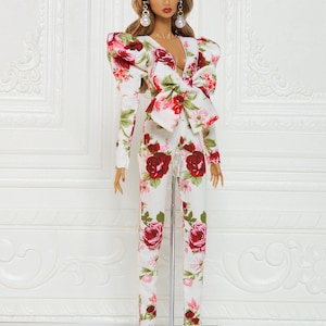 Flower Bow Jumpsuit Puff Sleeve Gown Outfit Fit for Fashion Royalty Doll, FR2, Nuface, 12 inch, D055F image 2