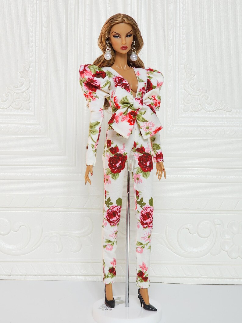 Flower Bow Jumpsuit Puff Sleeve Gown Outfit Fit for Fashion Royalty Doll, FR2, Nuface, 12 inch, D055F image 2