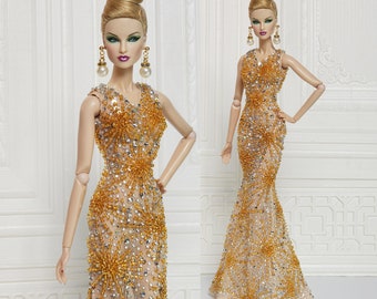 Gold Fireworks Crystal Evening Gown Mermaid Dress for Fashion Royalty Doll, FR2, Nuface, Silkstone, Barbie,  Poppy Parker D049