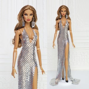 Silver Metal Mesh Halter Neck Mermaid Dress Gown for Fashion Royalty Doll, FR2, Barbie, Silkstone, Nuface, Poppy Parker, 12 Inch D077S image 1