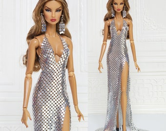 Silver Metal Mesh Halter Neck Mermaid Dress Gown for Fashion Royalty Doll, FR2, Barbie, Silkstone, Nuface, Poppy Parker, 12 Inch D077S