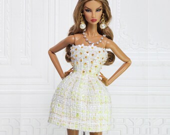 Mini Dress Fit for 12" Doll Fashion Royalty, FR2, Barbie, Silkstone, Nuface, Poppy Parker Green Tweed Fabric D092C