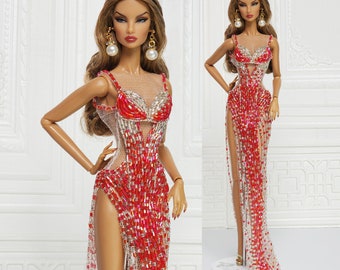 Red Silver Bead Evening Gown Dress for Fashion Royalty Doll, FR2, Nuface, Silkstone, Barbie,  Poppy Parker D081