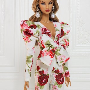 Flower Bow Jumpsuit Puff Sleeve Gown Outfit Fit for Fashion Royalty Doll, FR2, Nuface, 12 inch, D055F image 3
