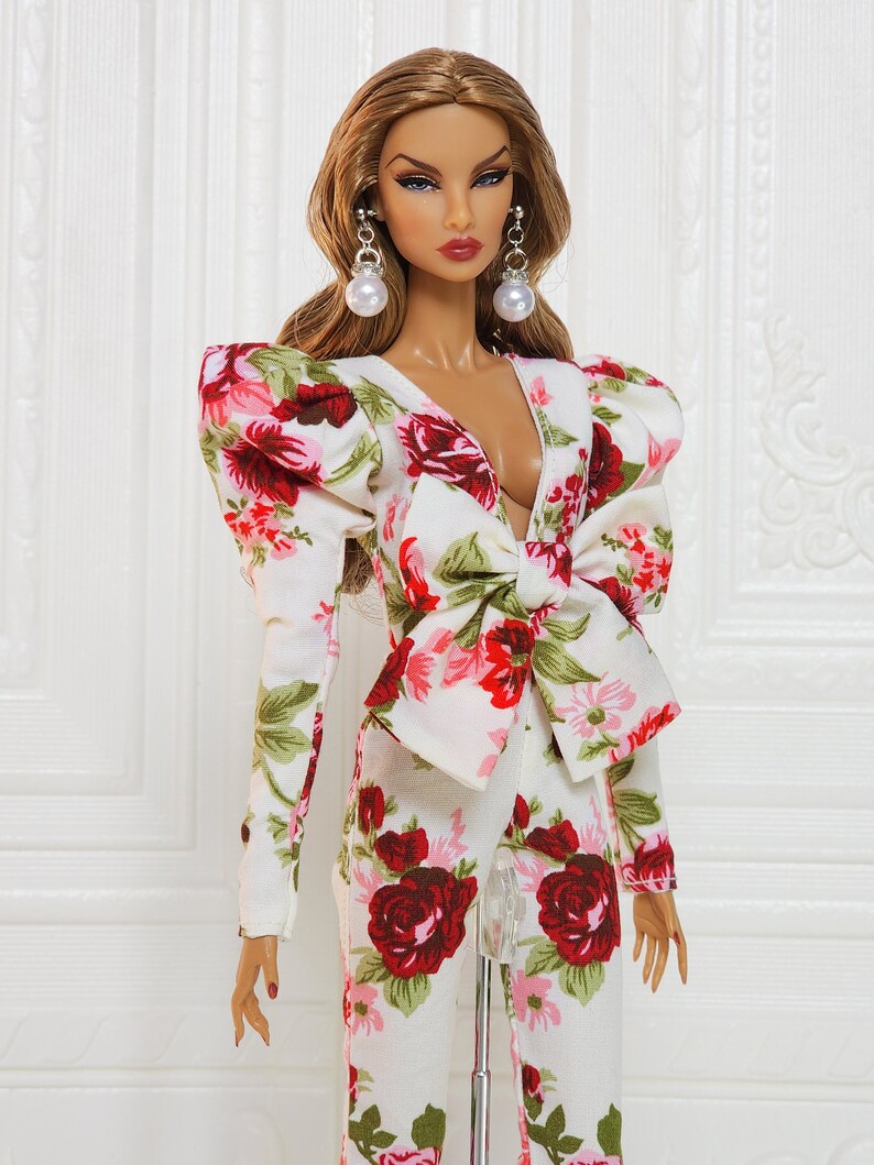 Flower Bow Jumpsuit Puff Sleeve Gown Outfit Fit for Fashion Royalty Doll, FR2, Nuface, 12 inch, D055F image 3