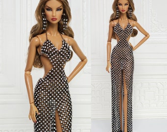 Black Crystal Gauze Halter Long Dress for Doll Fashion Royalty, FR2, Nuface, Poppy Parker, Barbie Silkstone, 12 inch D004B