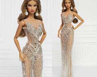 Silver Bead Evening Gown Dress for Fashion Royalty Doll, FR2, Nuface, Silkstone, Barbie,  Poppy Parker D082