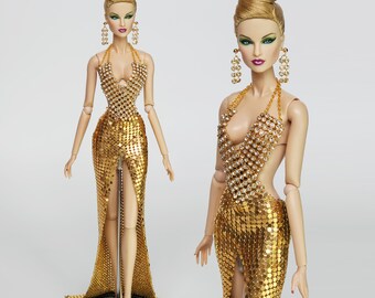 Gold Crystal Metal Mesh Halter Neck Mermaid Dress for Fashion Royalty Doll, FR2, Barbie, Silkstone, Nuface, Poppy Parker, 12 Inch D009G