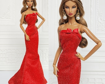 Red Strapless Mermaid Dress Gown Fit for Fashion Royalty Doll, FR2, Nuface, 12 inch, D080R