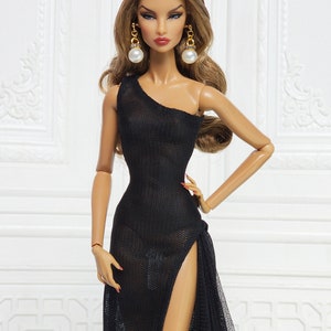 Black One-shoulder Sheath Dress Gown Outfit for Fashion Royalty Doll, FR2, Barbie, Silkstone, Nuface, Poppy Parker, 12 inch, D086B image 7