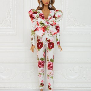 Flower Bow Jumpsuit Puff Sleeve Gown Outfit Fit for Fashion Royalty Doll, FR2, Nuface, 12 inch, D055F image 8