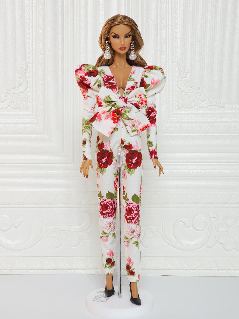 Flower Bow Jumpsuit Puff Sleeve Gown Outfit Fit for Fashion Royalty Doll, FR2, Nuface, 12 inch, D055F image 8