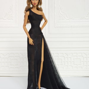 Black One-shoulder Sheath Dress Gown Outfit for Fashion Royalty Doll, FR2, Barbie, Silkstone, Nuface, Poppy Parker, 12 inch, D086B image 4