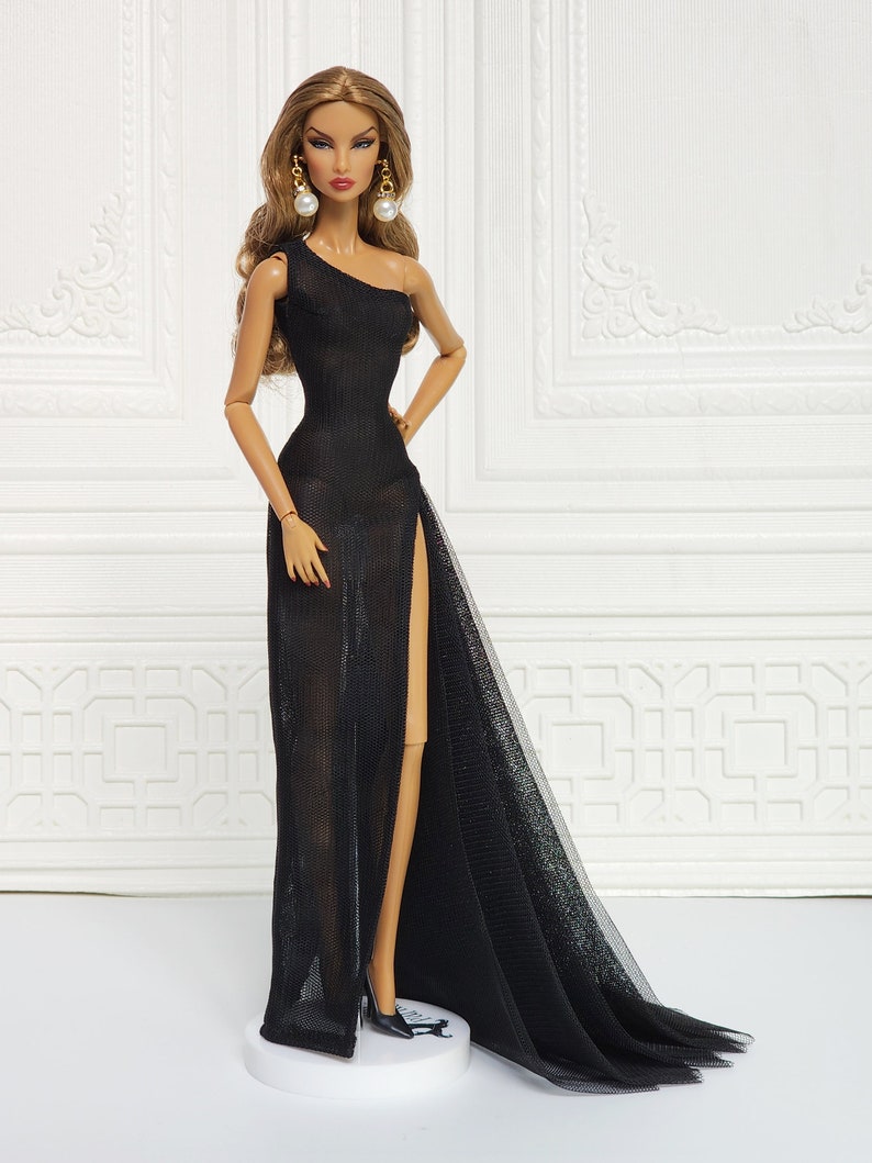 Black One-shoulder Sheath Dress Gown Outfit for Fashion Royalty Doll, FR2, Barbie, Silkstone, Nuface, Poppy Parker, 12 inch, D086B image 4