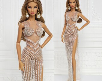 Silver Bead Evening Gown Dress for Fashion Royalty Doll, FR2, Nuface, Silkstone, Barbie,  Poppy Parker D089