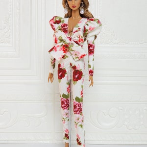 Flower Bow Jumpsuit Puff Sleeve Gown Outfit Fit for Fashion Royalty Doll, FR2, Nuface, 12 inch, D055F image 6