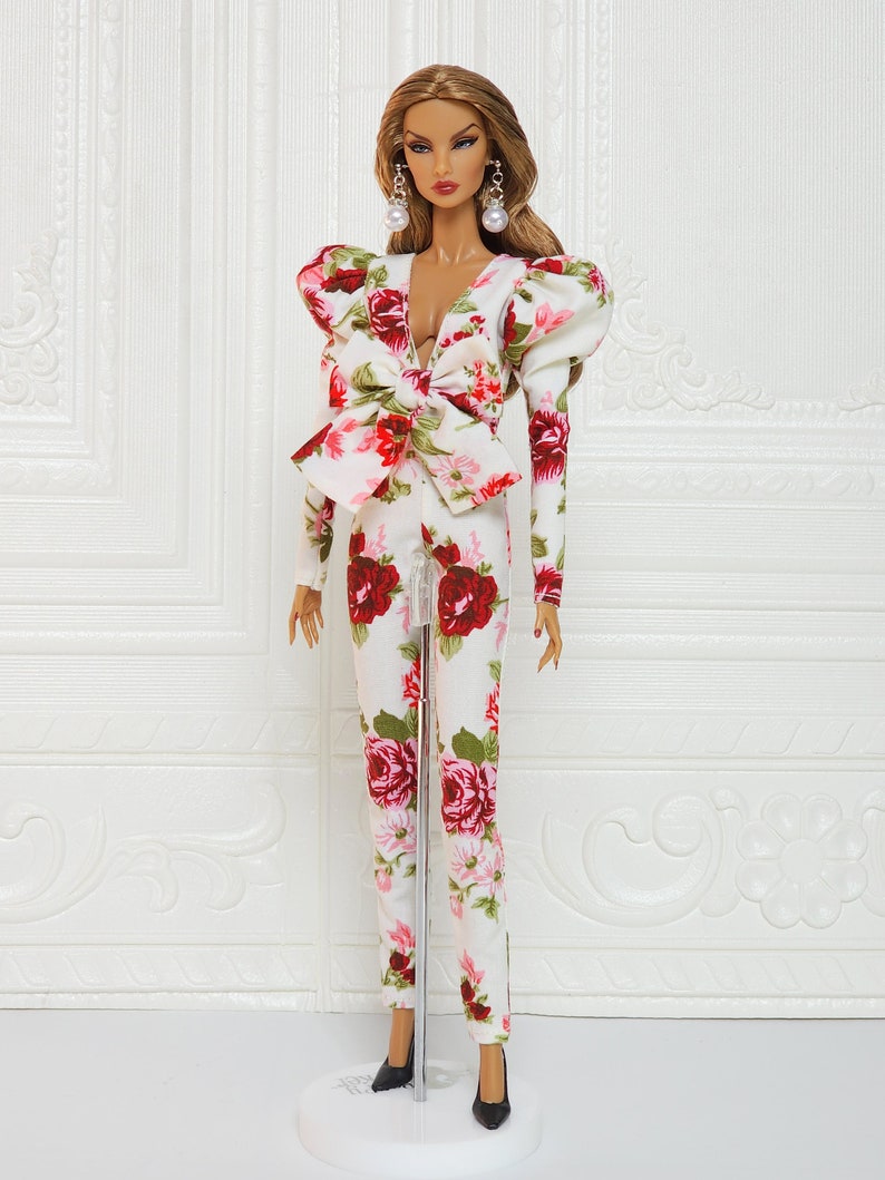 Flower Bow Jumpsuit Puff Sleeve Gown Outfit Fit for Fashion Royalty Doll, FR2, Nuface, 12 inch, D055F image 6