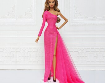 Pinkes One-Shoulder Etuikleid Outfit für Fashion Royalty Puppe, FR2, Barbie, Silkstone, Nu Face, Poppy Parker, 30 cm, D017P