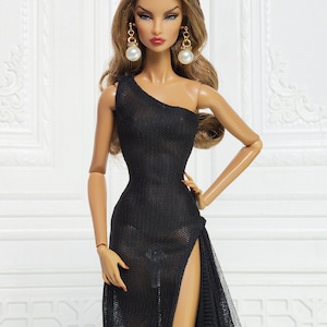Black One-shoulder Sheath Dress Gown Outfit for Fashion Royalty Doll, FR2, Barbie, Silkstone, Nuface, Poppy Parker, 12 inch, D086B image 3
