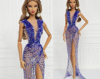 Blue Silver Bead Evening Gown Dress for Fashion Royalty Doll, FR2, Nuface, Silkstone, Barbie,  Poppy Parker D088