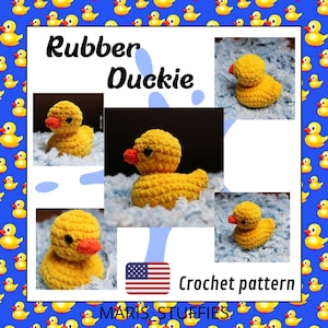 Op de afbeelding: Haakpatroon voor een gele rubberen eend. Het patroon is beschikbaar om te downloaden. De afbeelding toont een gehaakte eend in verschillende poses. De tekst "Rubber Duckie" en "Crochet pattern" is zichtbaar in de afbeelding.