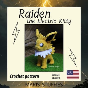 Op de afbeelding: Een gehaakte gele en zwarte kat met een witte kraag, getiteld "Raiden the Electric Kitty". De afbeelding bevat de tekst "Crochet pattern" en "skill level: advanced". De Amerikaanse vlag staat in de hoek.