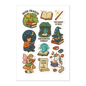 Puede incluir: Una hoja de pegatinas con ilustraciones de fantasía y lectura. Incluye un dragón verde sobre libros, un mago con sombrero, un hada sobre una seta y un unicornio leyendo. Los textos incluyen "Book Dragon" y "Once Upon a Time..."